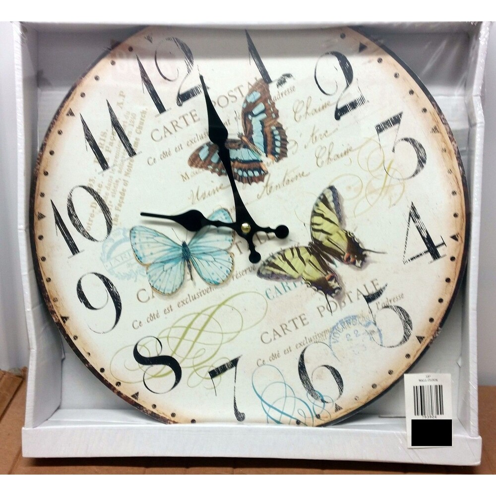 Kitchen Decorative Wall Plastic Clock,approx 13" Dia,BUTTERFLIES & CARTE POSTALE